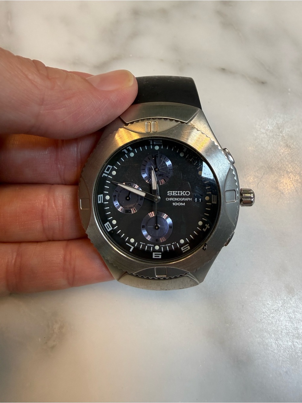 Seiko Black Dial Silver Stainless Steel Chronograph Watch Face